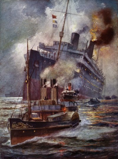 Torpedoed liner assisted into port by Charles John de after Lacy